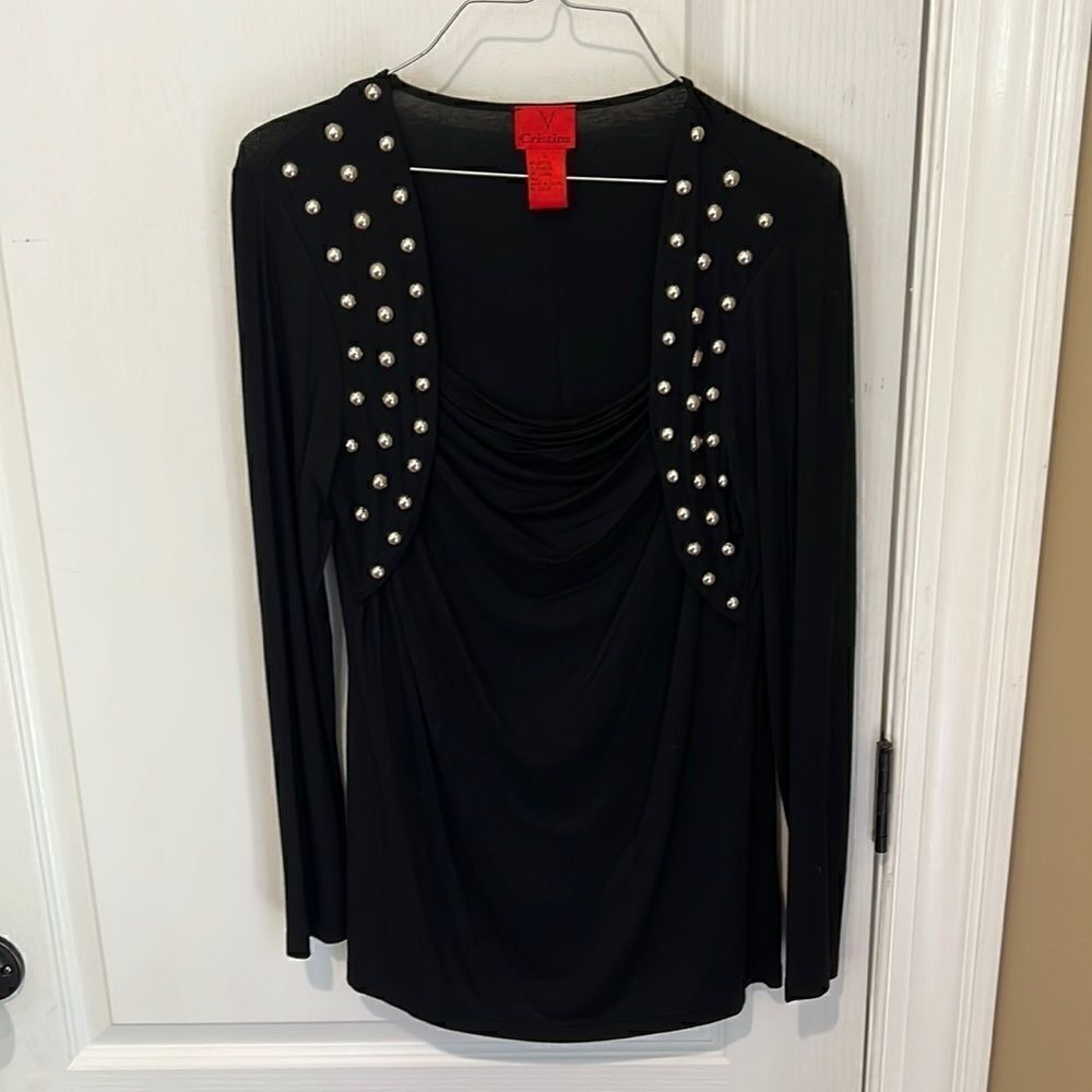 New V Cristina black blouse with silver button detail